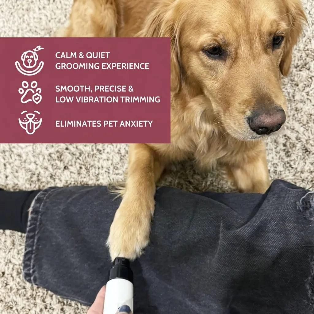 A golden retriever resting a paw on its owner's leg mid-trim, with callouts: calm and quiet grooming, low-vibration trimming, eliminates pet anxiety.