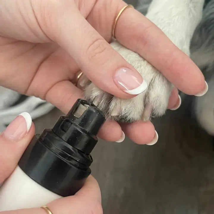A dog's paw held steady while the grinder rests against one nail.