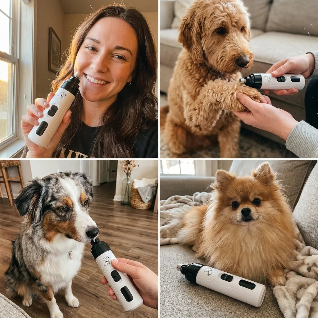 Four home scenes: an owner holding the grinder for scale, a doodle having a paw trimmed, an Australian shepherd sniffing the tool, and a Pomeranian resting beside it.