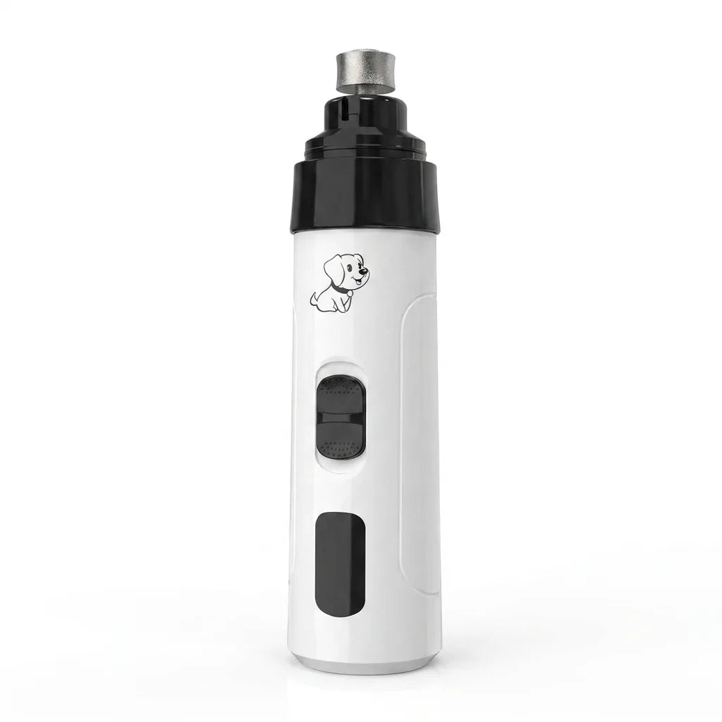 The grinder standing upright showing the charge indicator window.